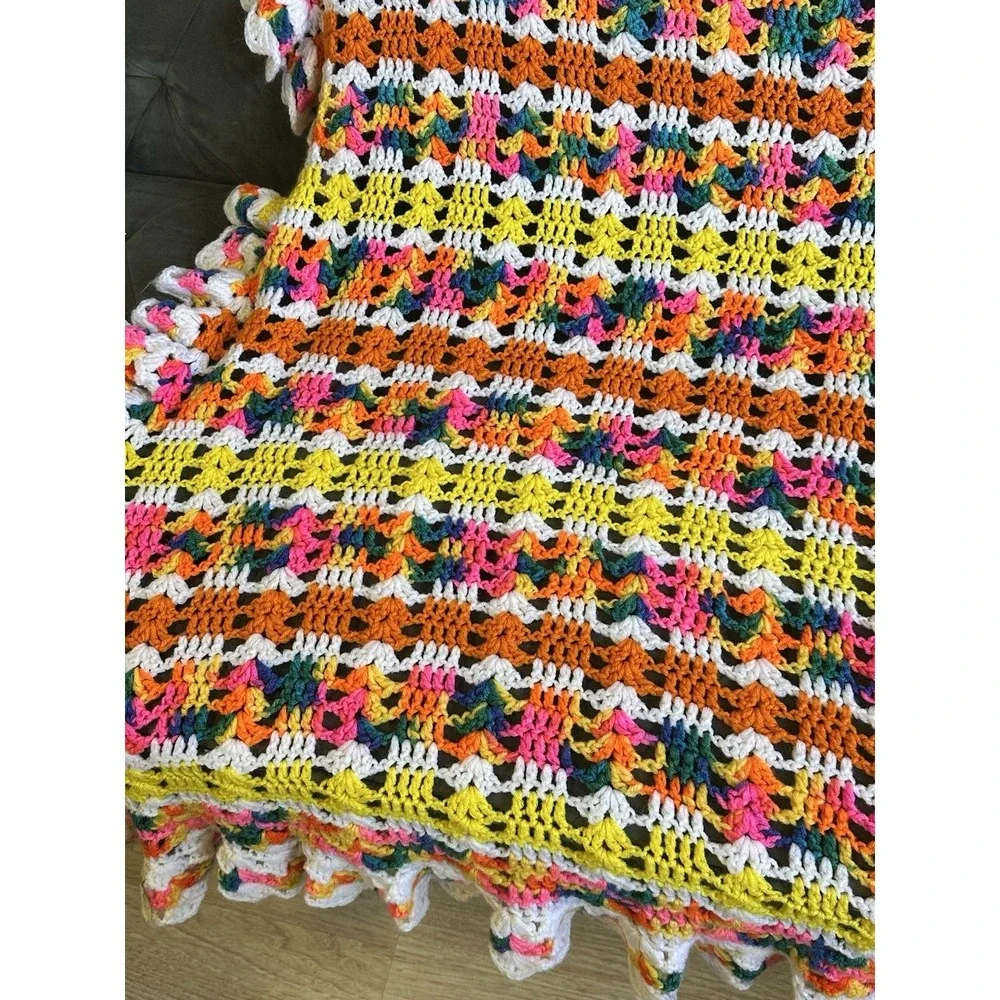 Handmade Crochet Retro Afghan Lap Throw Bright & Colorful Unique Granny‎ Core